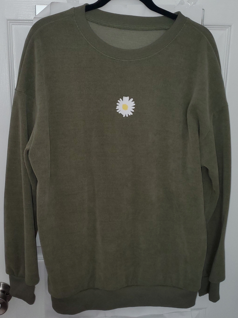 Olive Green Daisy Embroidered Crewneck Sweater